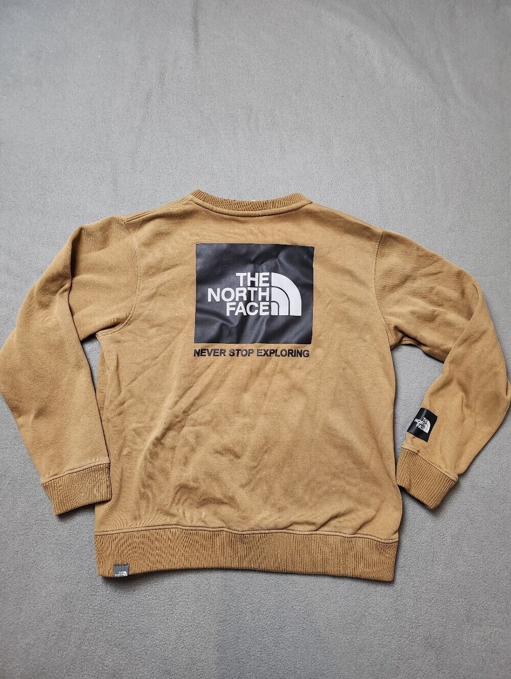 The North Face Never Stop Exploring Crewneck Sweatshirt Mens Large Tan Box Logo